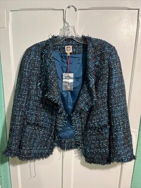 Anne Klein Jacket Women Size 4 Black Blue Tweed Fringe Cropped 3/4 Sleeve